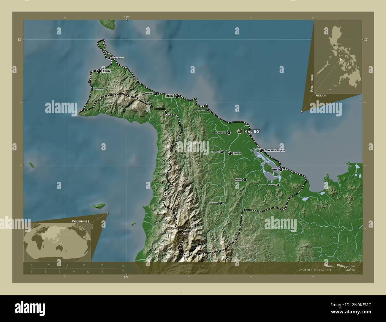Aklan, province of Philippines. Elevation map colored in wiki style with lakes and rivers. Locations and names of major cities of the region. Corner a Stock Photo