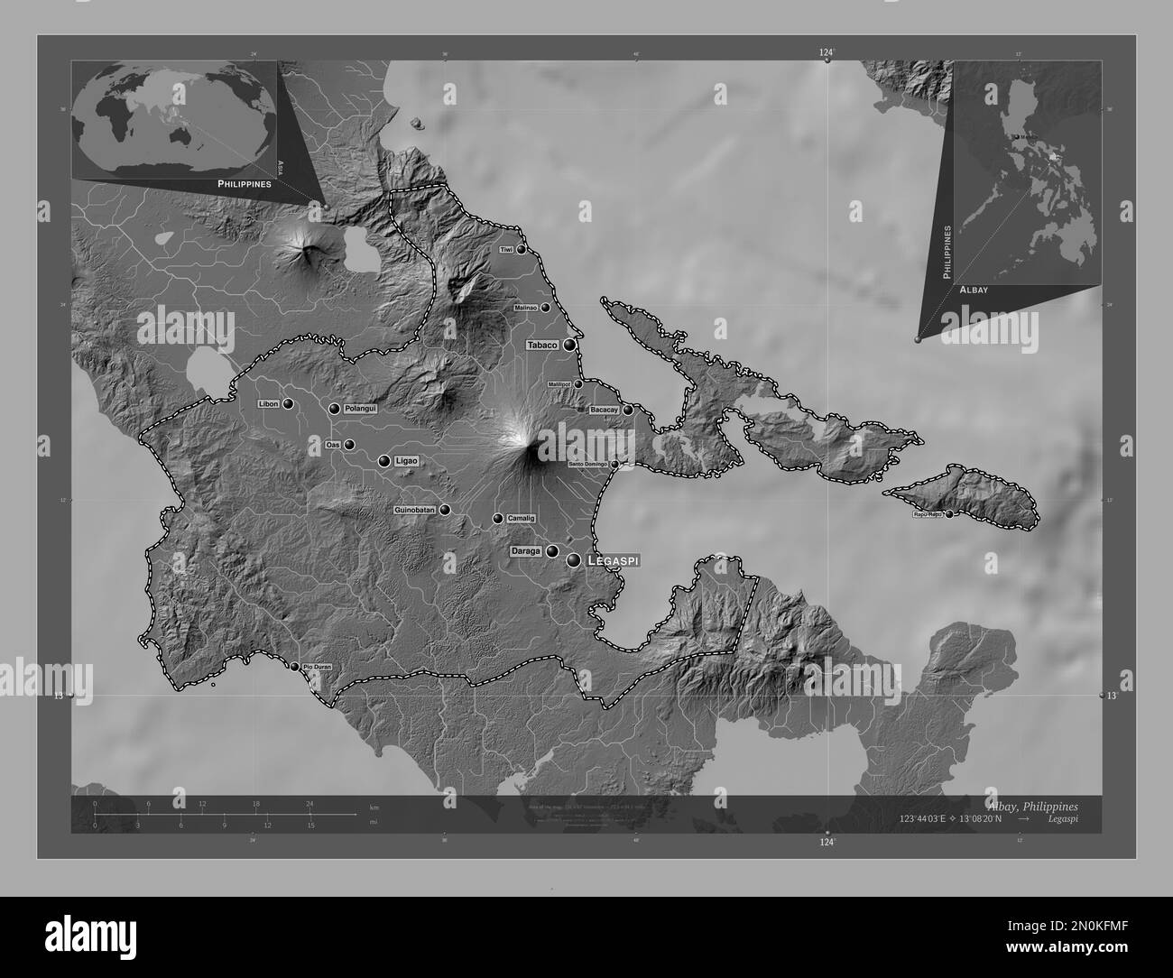 Albay, province of Philippines. Bilevel elevation map with lakes and rivers. Locations and names of major cities of the region. Corner auxiliary locat Stock Photo