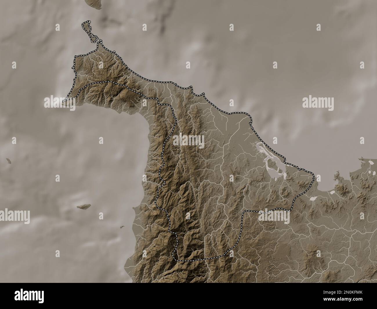 Aklan, province of Philippines. Elevation map colored in sepia tones with lakes and rivers Stock Photo