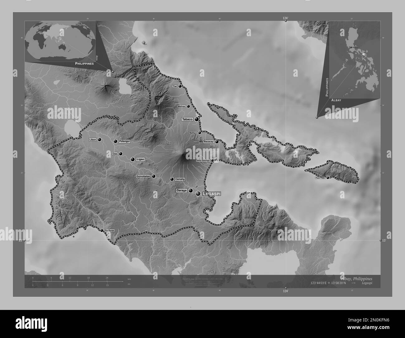 Albay, province of Philippines. Grayscale elevation map with lakes and rivers. Locations and names of major cities of the region. Corner auxiliary loc Stock Photo