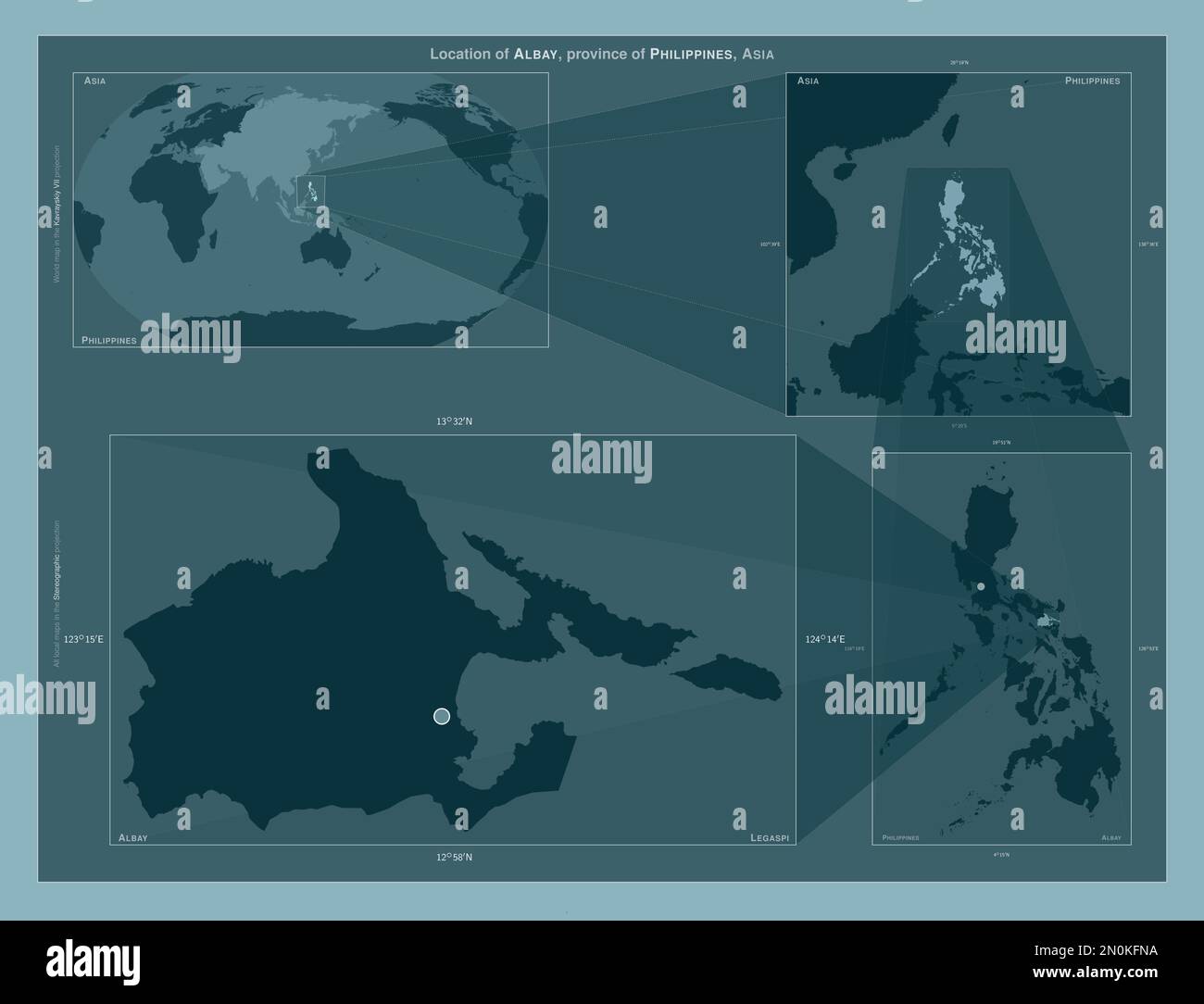 Albay, province of Philippines. Diagram showing the location of the region on larger-scale maps. Composition of vector frames and PNG shapes on a soli Stock Photo