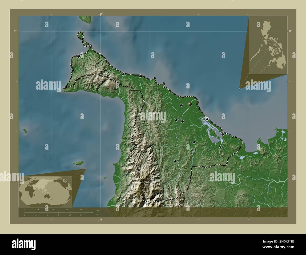 Aklan, province of Philippines. Elevation map colored in wiki style with lakes and rivers. Locations of major cities of the region. Corner auxiliary l Stock Photo