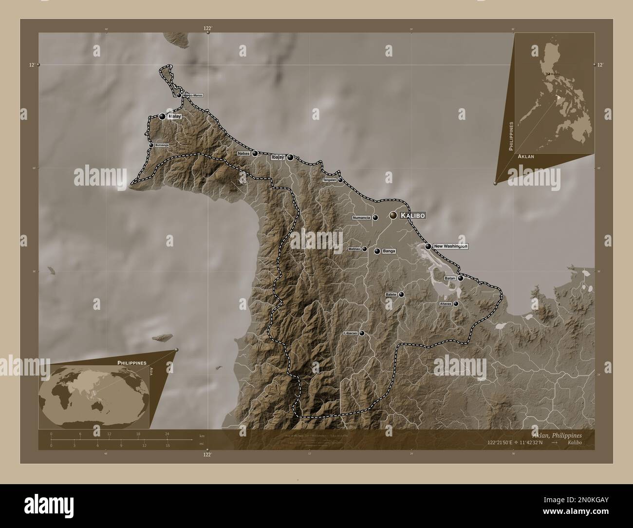 Aklan, province of Philippines. Elevation map colored in sepia tones with lakes and rivers. Locations and names of major cities of the region. Corner Stock Photo