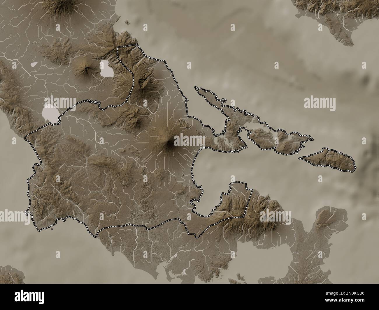 Albay, province of Philippines. Elevation map colored in sepia tones with lakes and rivers Stock Photo