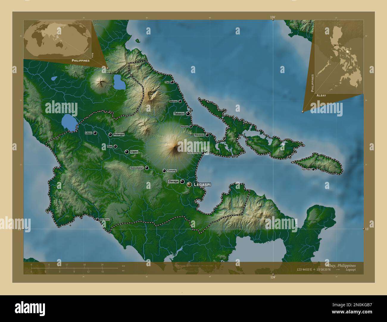 Albay, province of Philippines. Colored elevation map with lakes and rivers. Locations and names of major cities of the region. Corner auxiliary locat Stock Photo