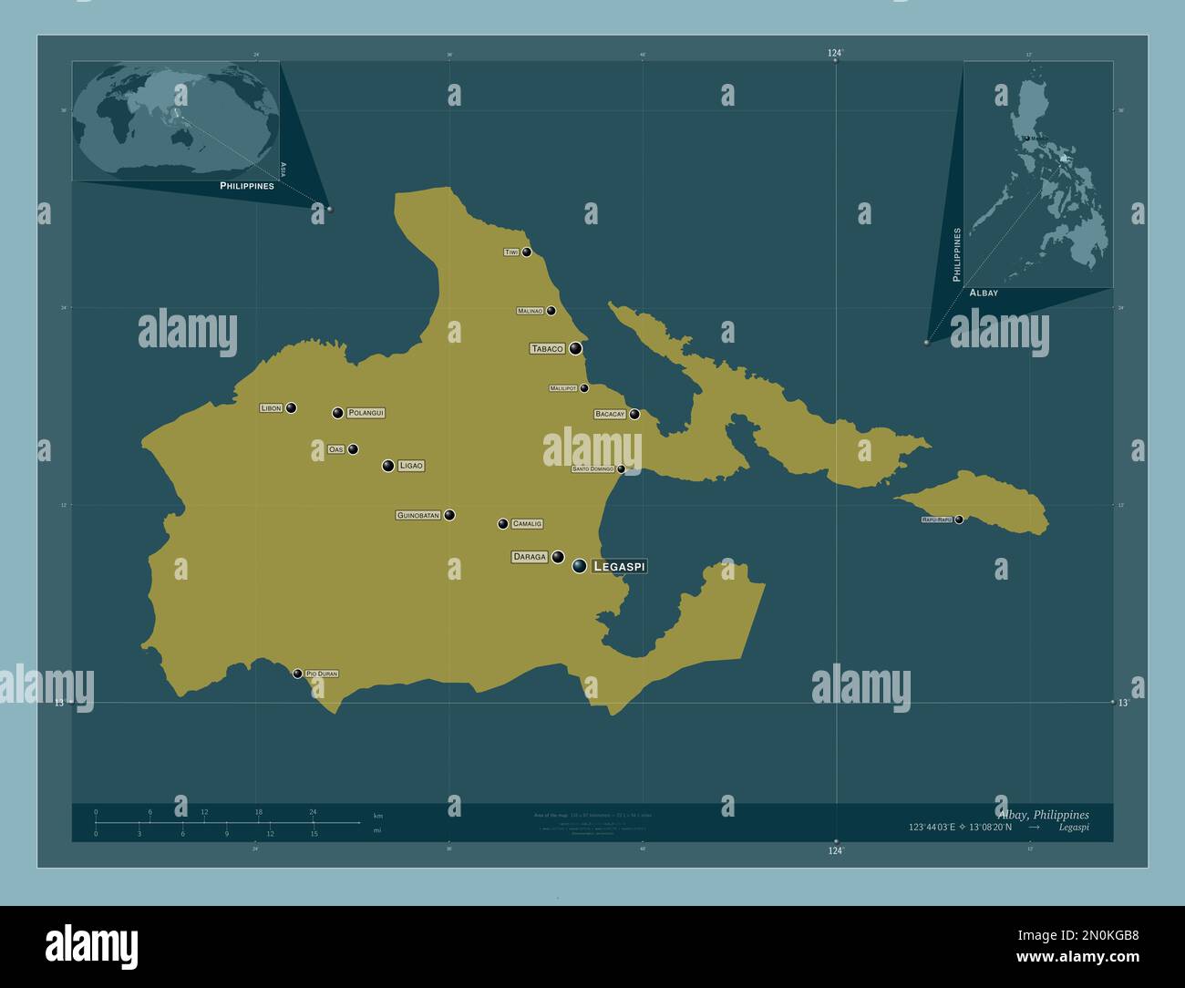 Albay, province of Philippines. Solid color shape. Locations and names of major cities of the region. Corner auxiliary location maps Stock Photo