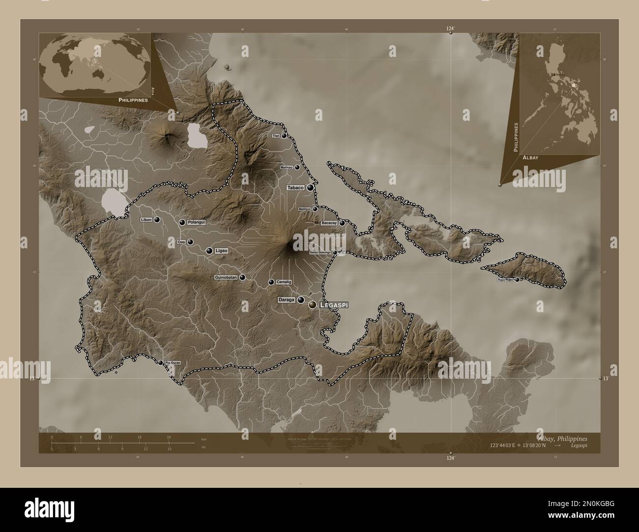 Albay, province of Philippines. Elevation map colored in sepia tones with lakes and rivers. Locations and names of major cities of the region. Corner Stock Photo
