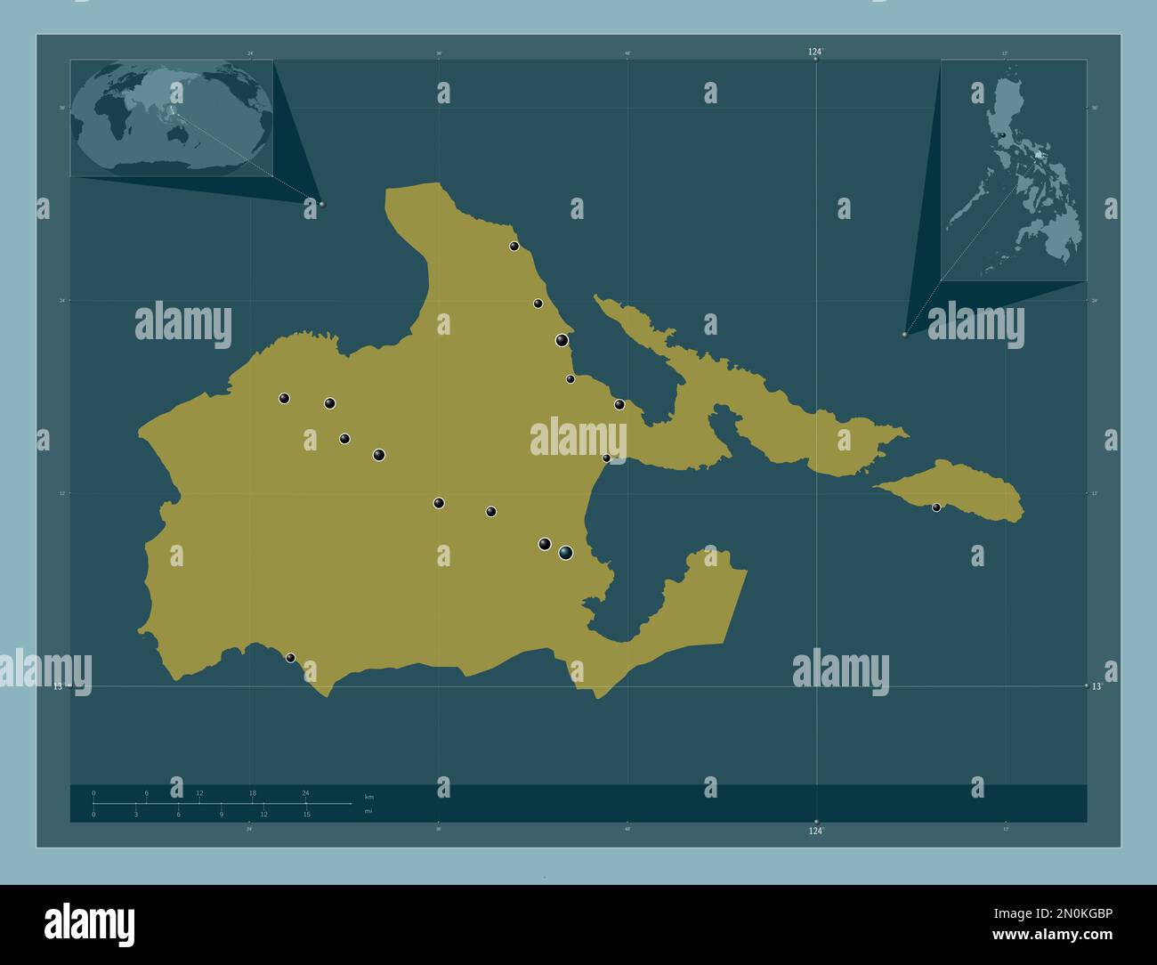 Albay, province of Philippines. Solid color shape. Locations of major cities of the region. Corner auxiliary location maps Stock Photo