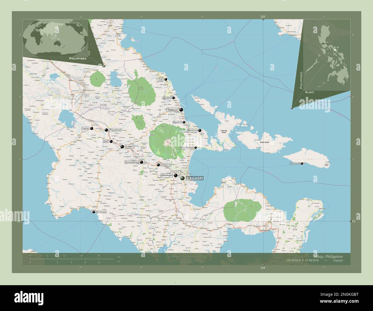 Albay, province of Philippines. Open Street Map. Locations and names of major cities of the region. Corner auxiliary location maps Stock Photo