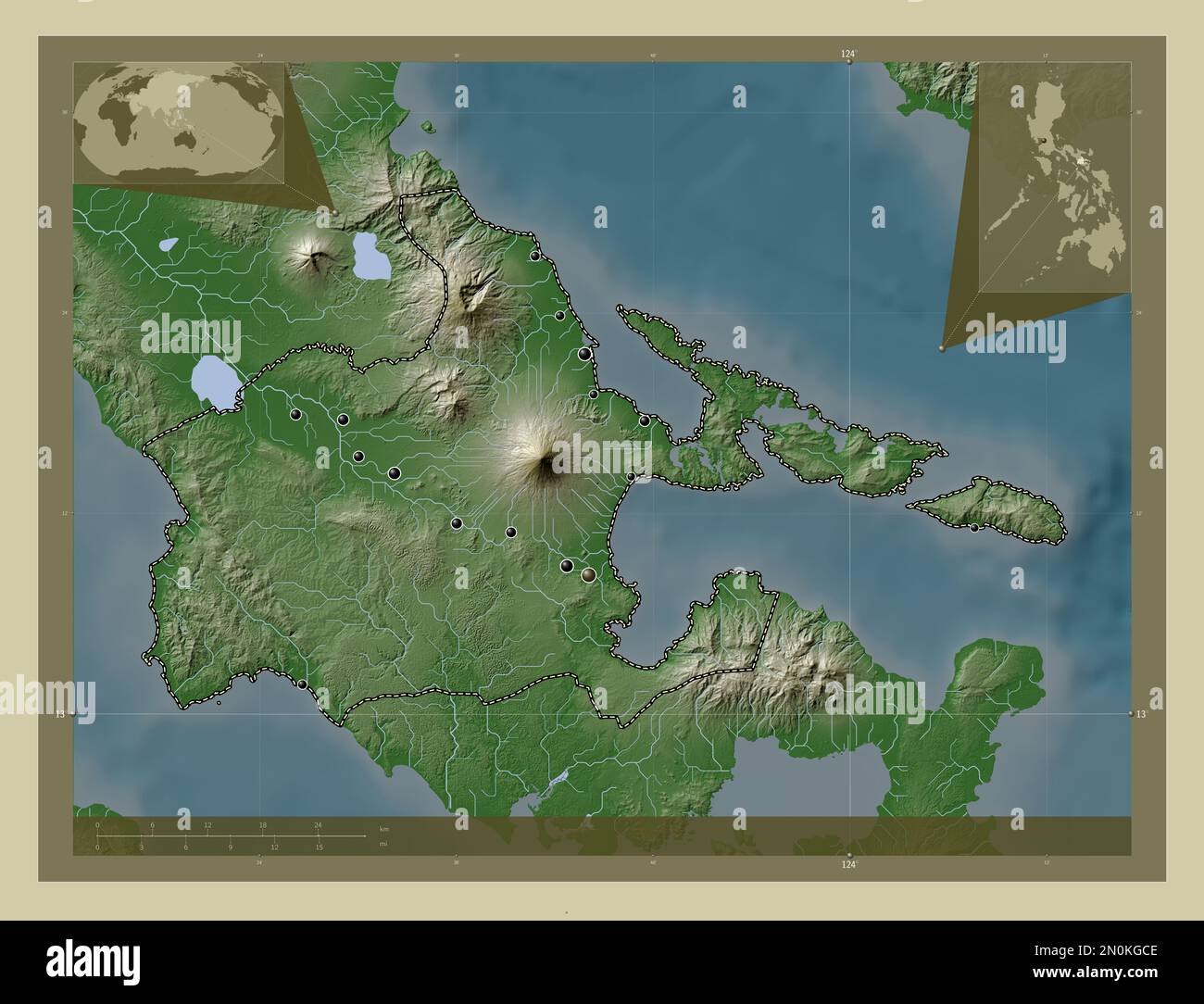 Albay, province of Philippines. Elevation map colored in wiki style with lakes and rivers. Locations of major cities of the region. Corner auxiliary l Stock Photo