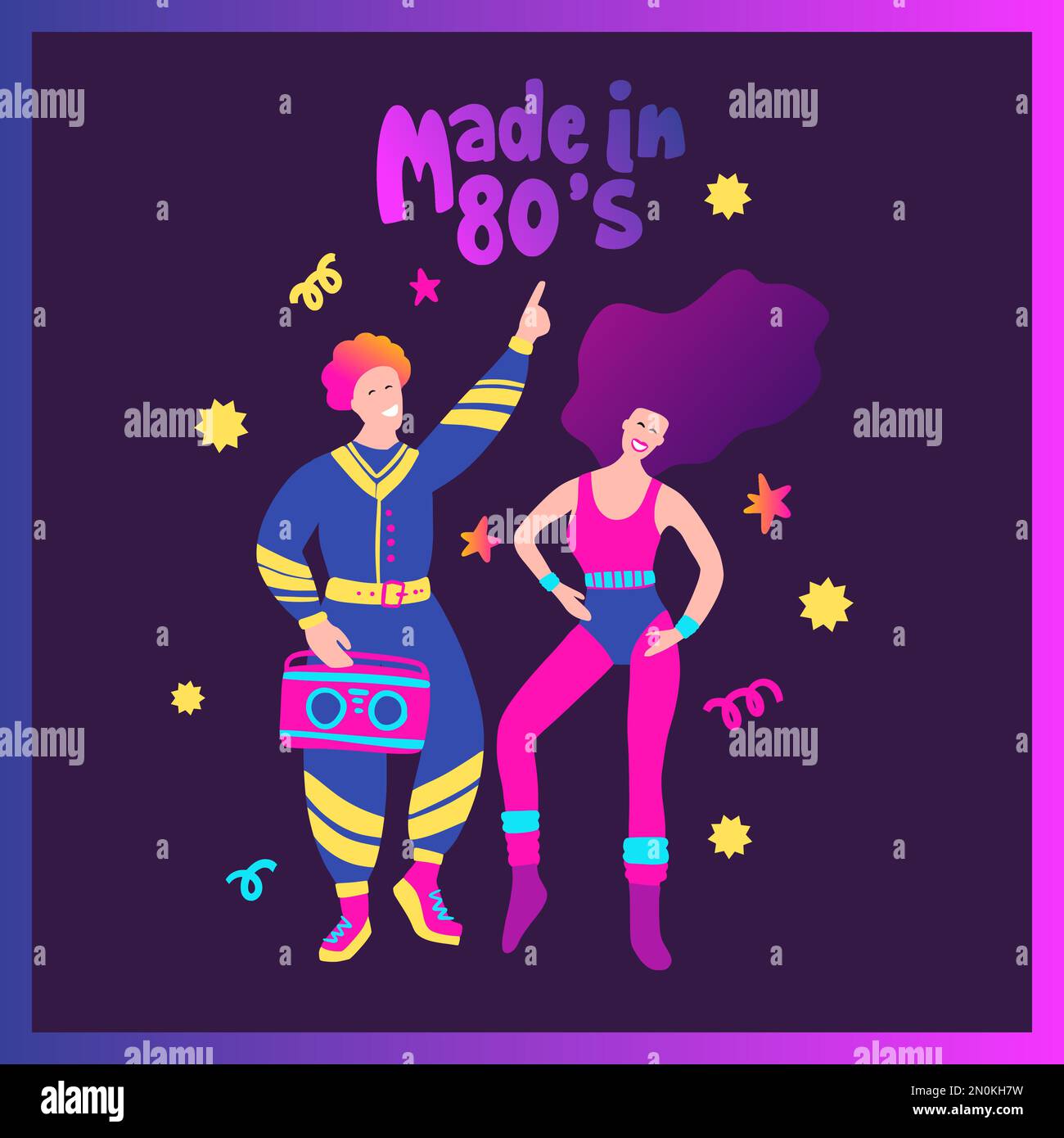 Cartoon colorful party girl boy 80s poster . Tape recorder sound music