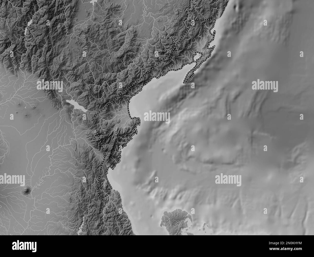 Aurora, province of Philippines. Grayscale elevation map with lakes and rivers Stock Photo