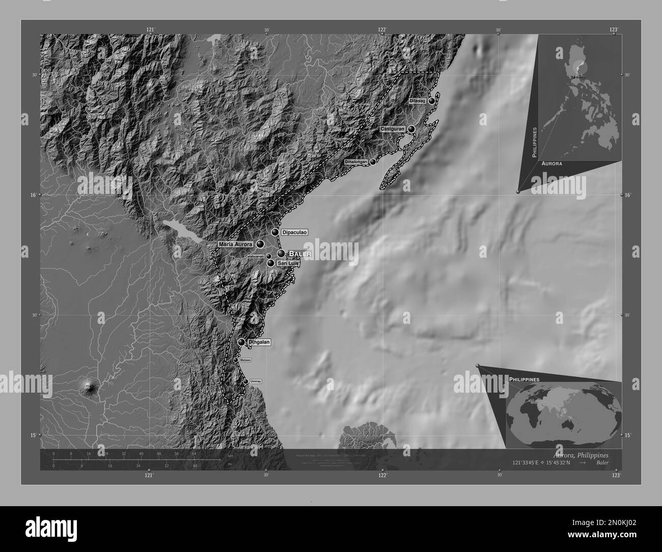 Aurora, province of Philippines. Bilevel elevation map with lakes and rivers. Locations and names of major cities of the region. Corner auxiliary loca Stock Photo