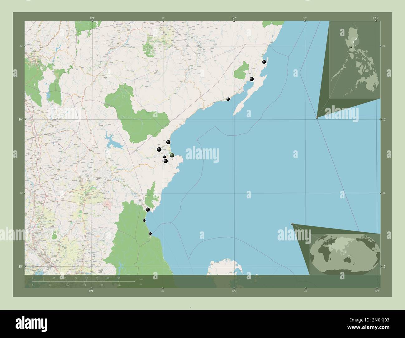 Aurora, province of Philippines. Open Street Map. Locations of major cities of the region. Corner auxiliary location maps Stock Photo