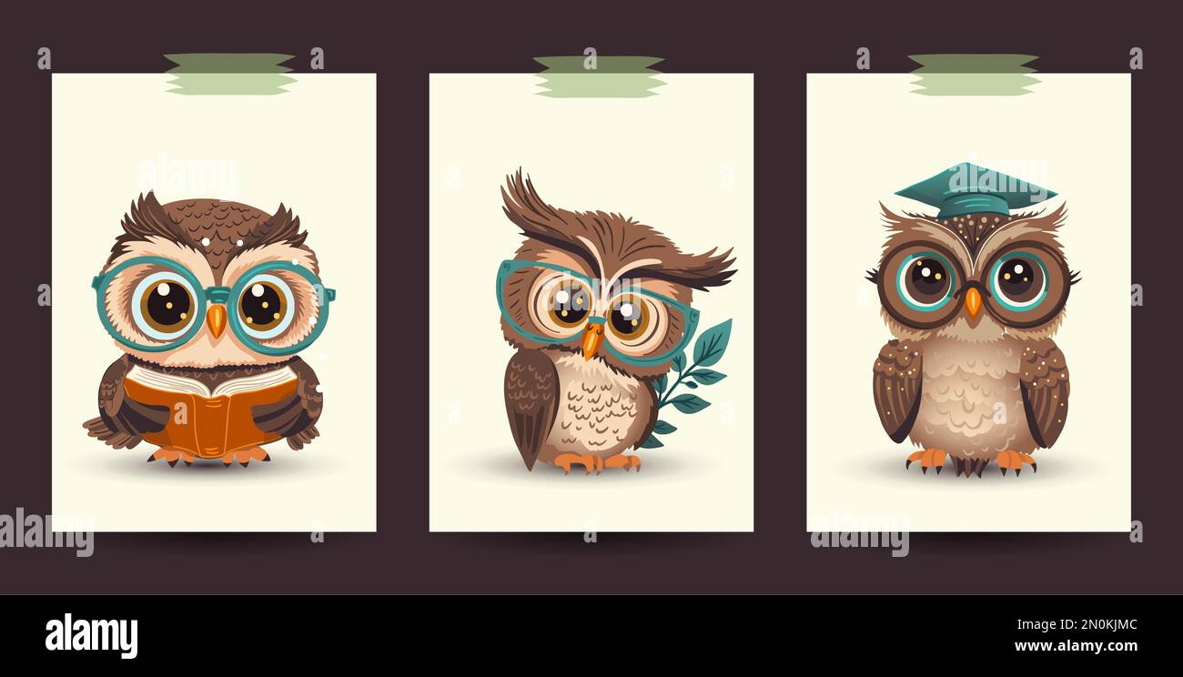 Cute cartoon owl vector card set. Poster learning wisdom smart studying reading print background. Stock Vector