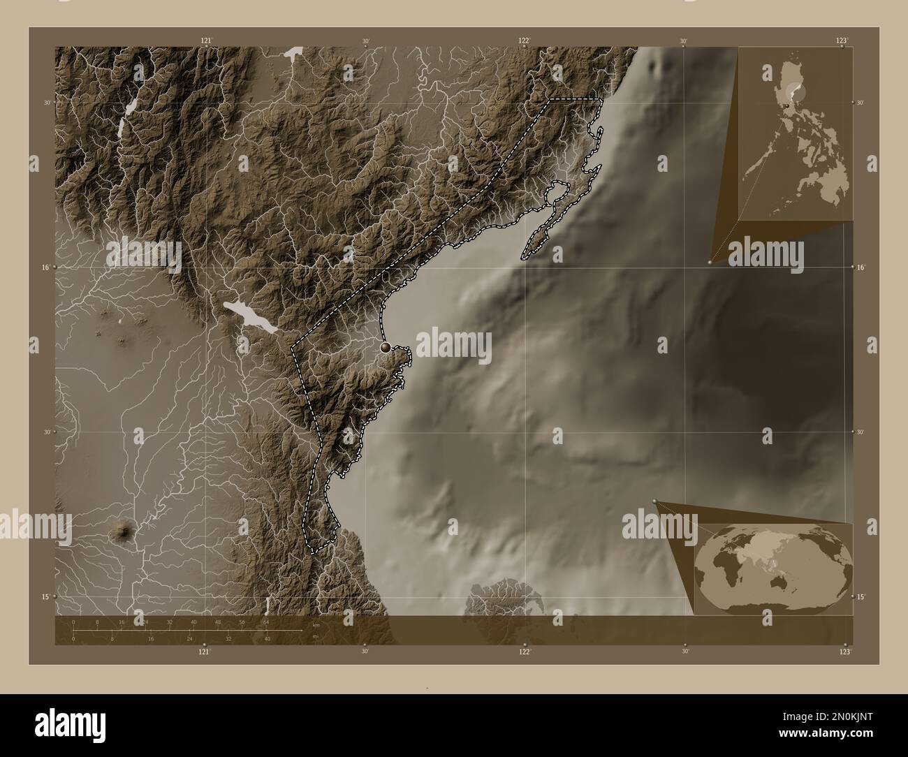 Aurora, province of Philippines. Elevation map colored in sepia tones