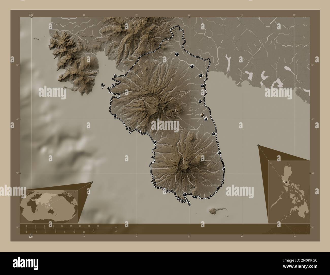 Bataan, province of Philippines. Elevation map colored in sepia tones with lakes and rivers. Locations of major cities of the region. Corner auxiliary Stock Photo