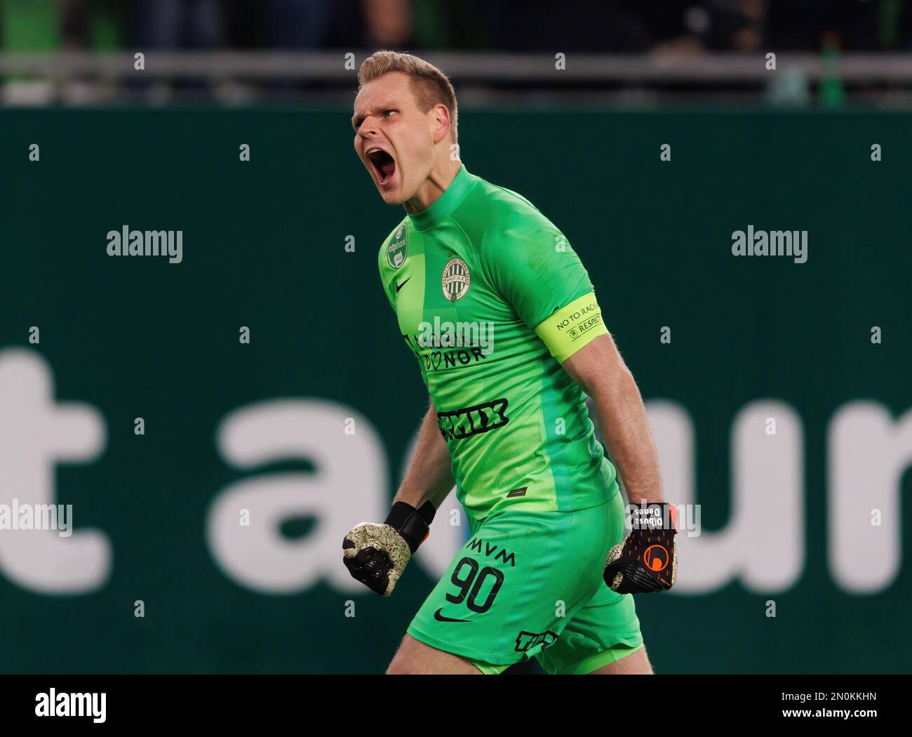 BUDAPEST, HUNGARY - JUNE 27: (l-r) Tokmac Chol Nguen of Ferencvarosi TC  fights for the ball with Dániel Farkas of Mezokovesd Zsory FC during the  Hungarian OTP Bank Liga match between Ferencvarosi TC and Mezokovesd Zsory  FC at Groupama