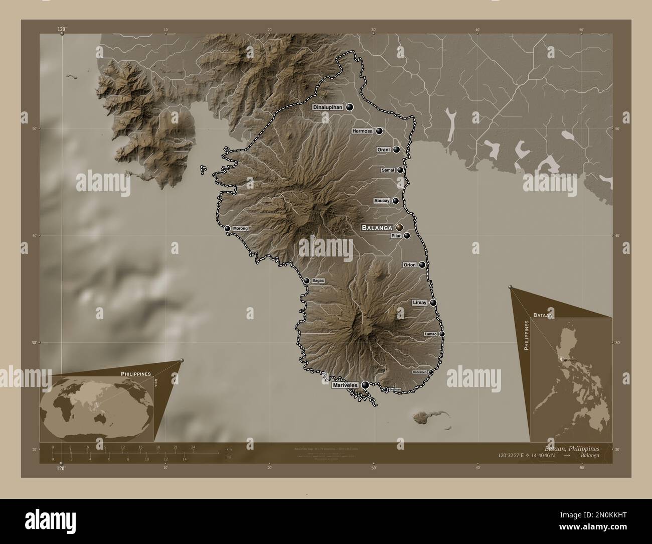 Bataan, province of Philippines. Elevation map colored in sepia tones with lakes and rivers. Locations and names of major cities of the region. Corner Stock Photo