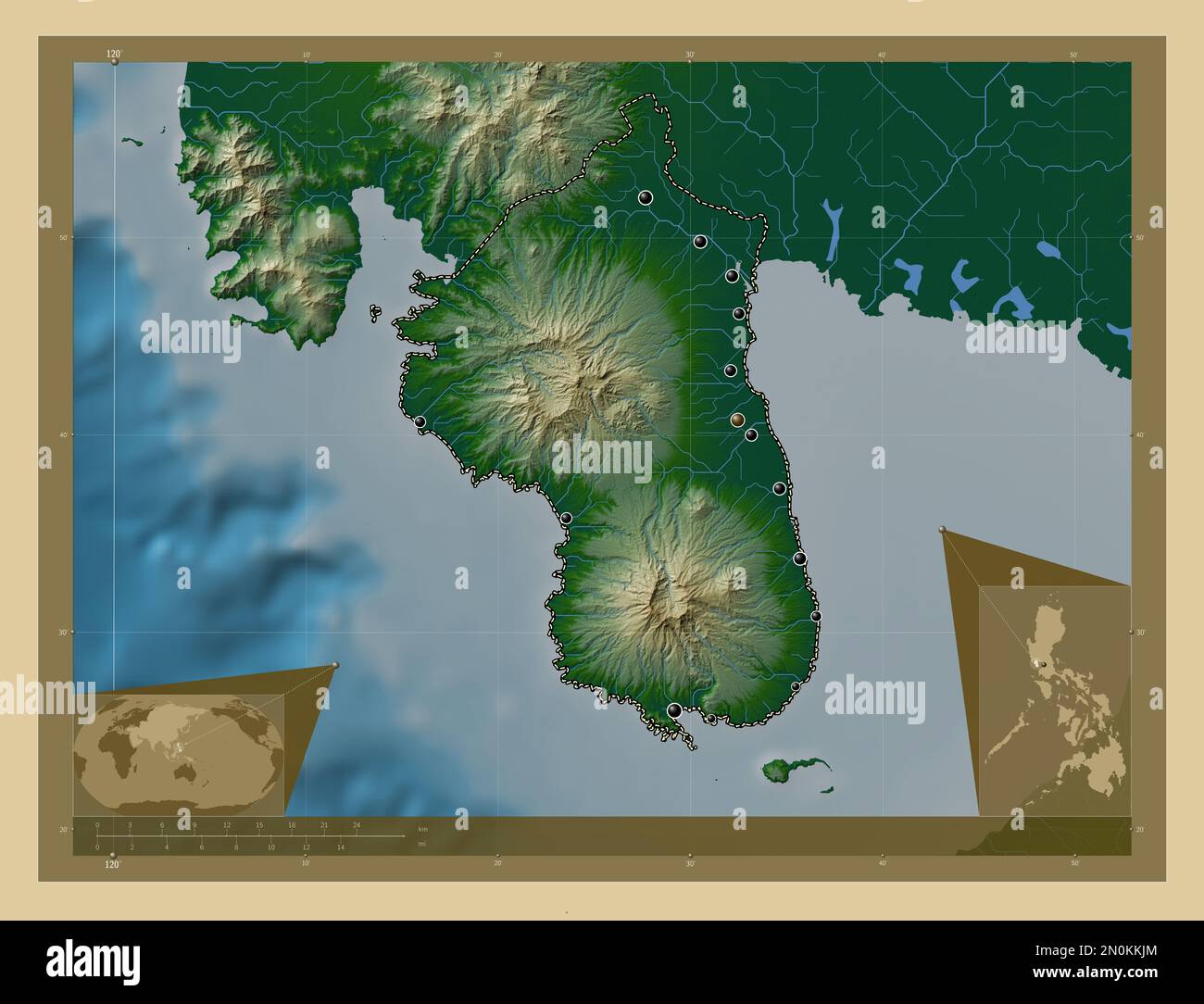 Bataan, province of Philippines. Colored elevation map with lakes and
