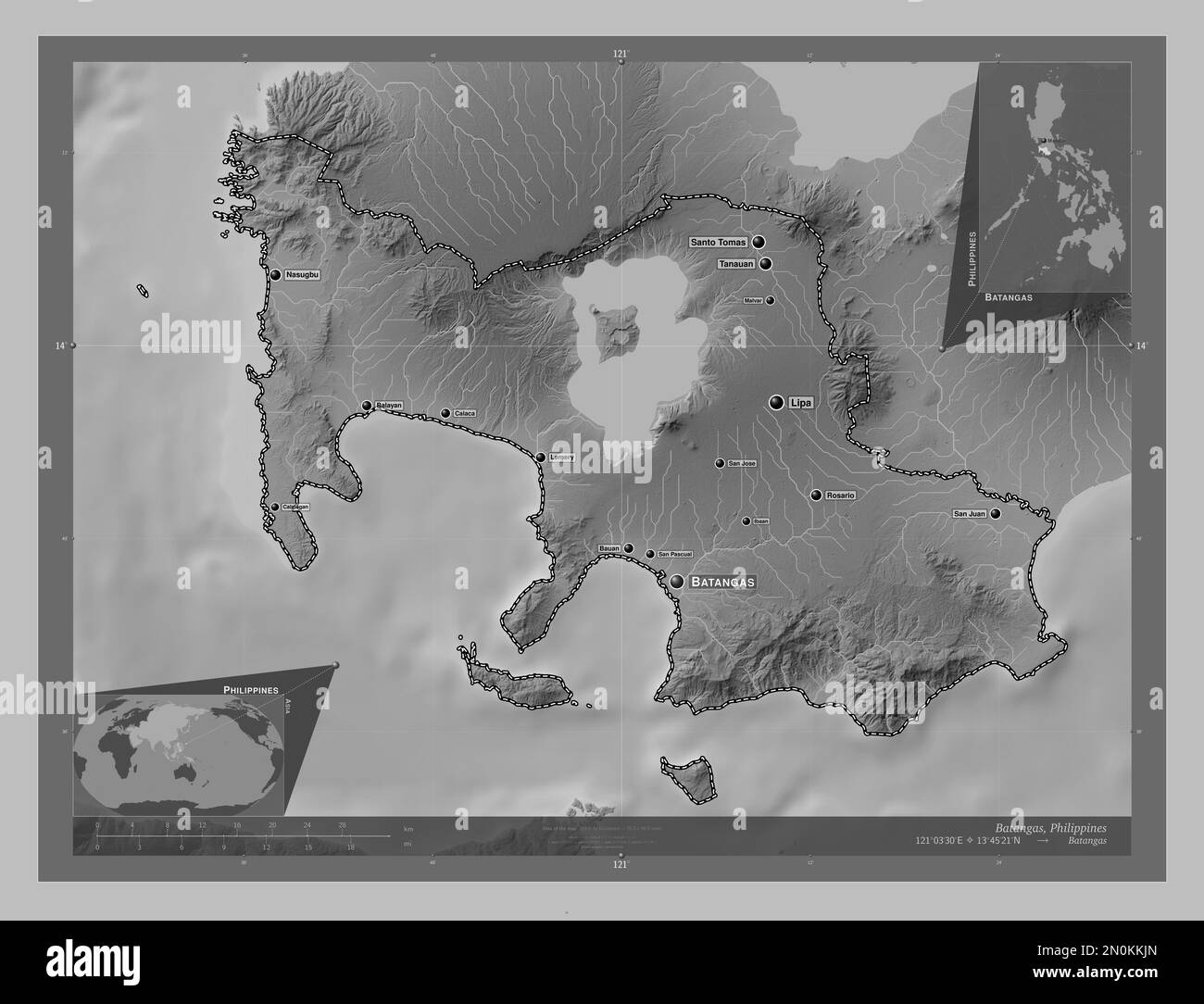 Batangas, province of Philippines. Grayscale elevation map with lakes and rivers. Locations and