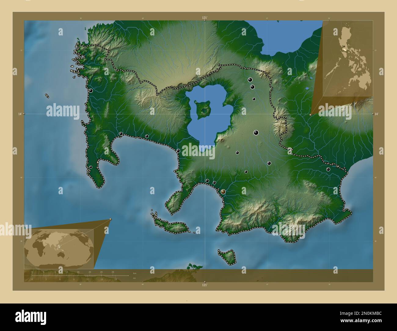 Batangas, province of Philippines. Colored elevation map with lakes and