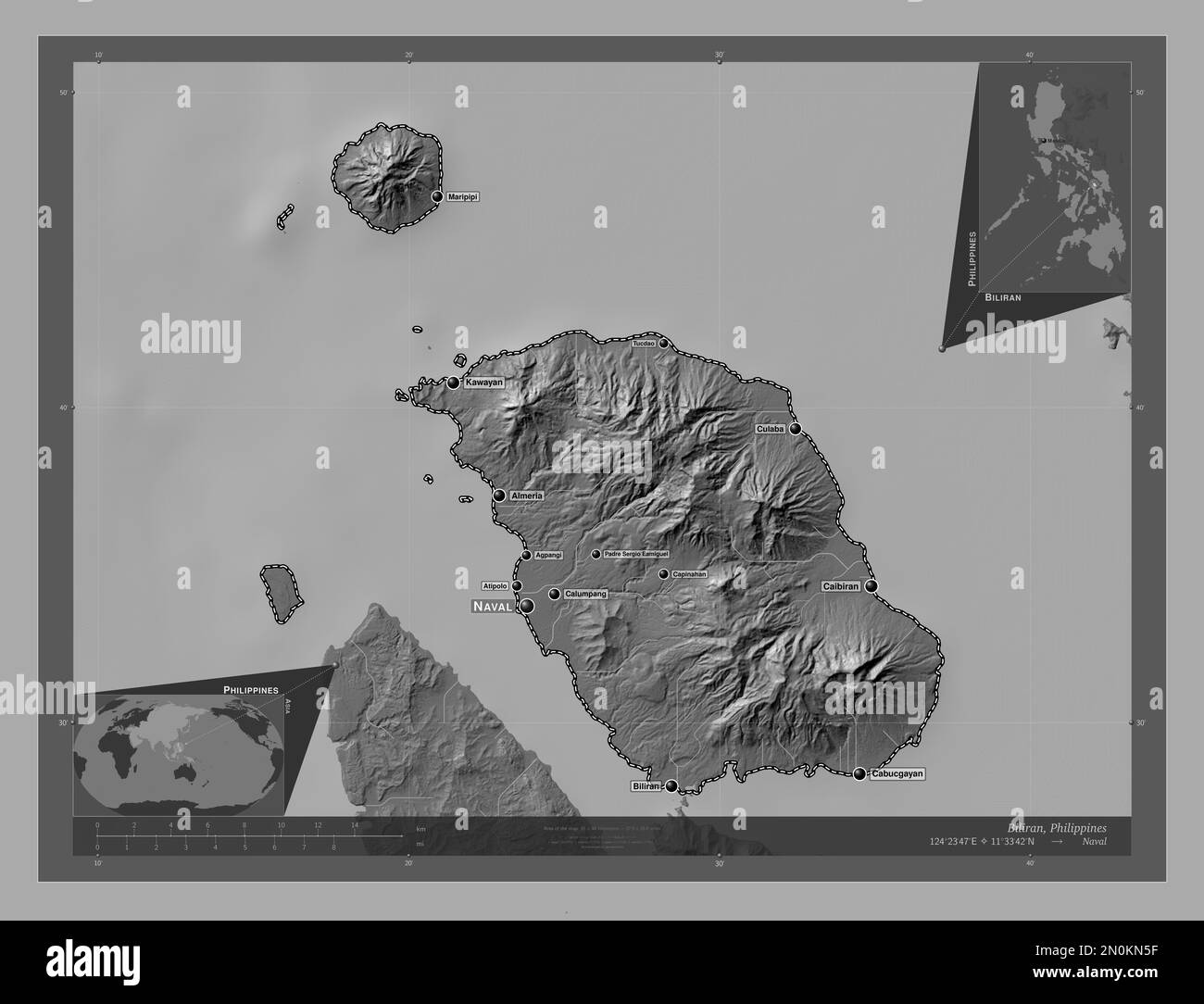 Biliran, province of Philippines. Bilevel elevation map with lakes and
