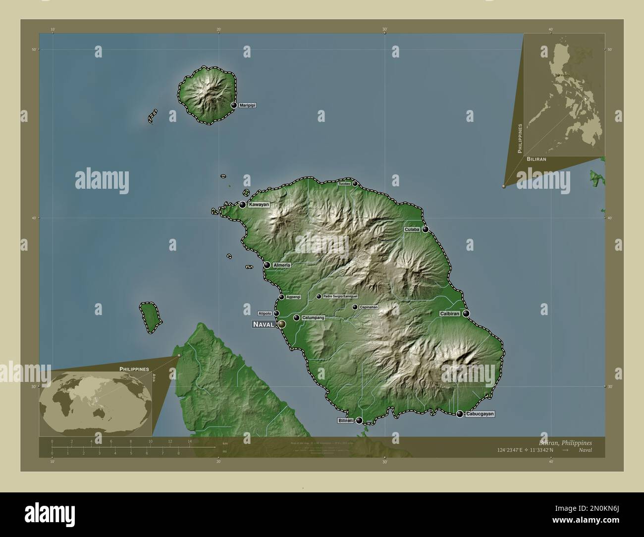 Biliran, province of Philippines. Elevation map colored in wiki style