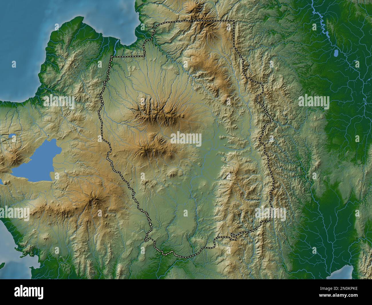 Bukidnon, province of Philippines. Colored elevation map with lakes and rivers Stock Photo