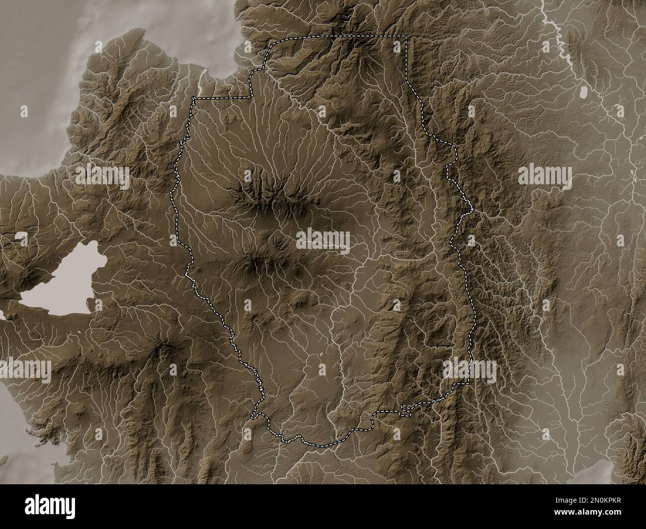 Bukidnon, province of Philippines. Elevation map colored in sepia tones with lakes and rivers Stock Photo
