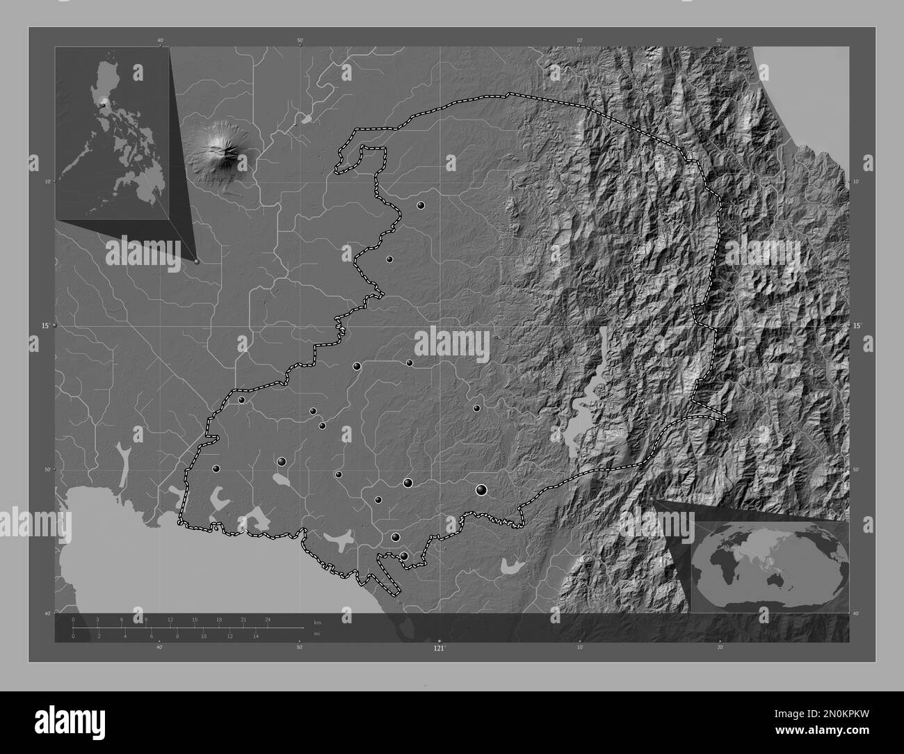 Bulacan, province of Philippines. Bilevel elevation map with lakes and
