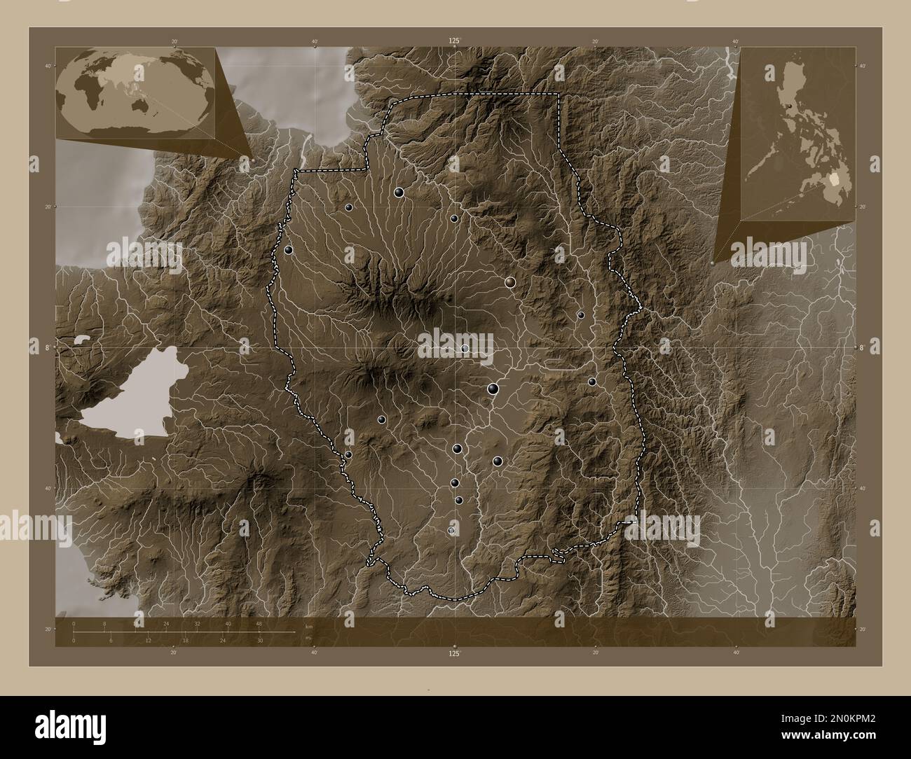 Bukidnon, province of Philippines. Elevation map colored in sepia tones with lakes and rivers. Locations of major cities of the region. Corner auxilia Stock Photo