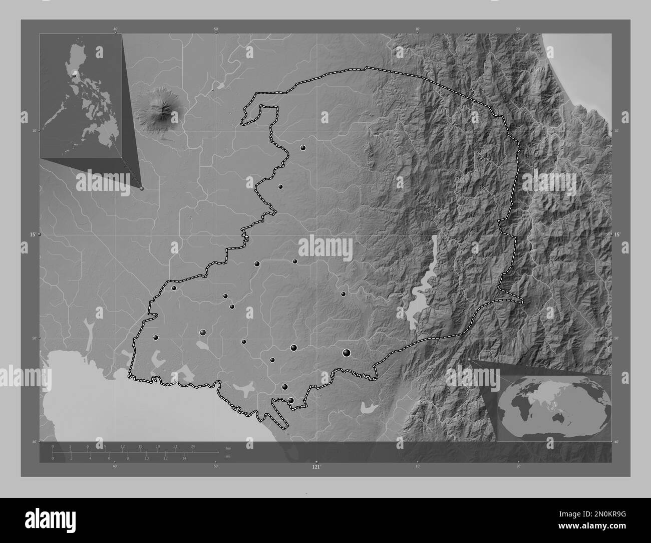 Bulacan, province of Philippines. Grayscale elevation map with lakes and rivers. Locations of major cities of the region. Corner auxiliary location ma Stock Photo