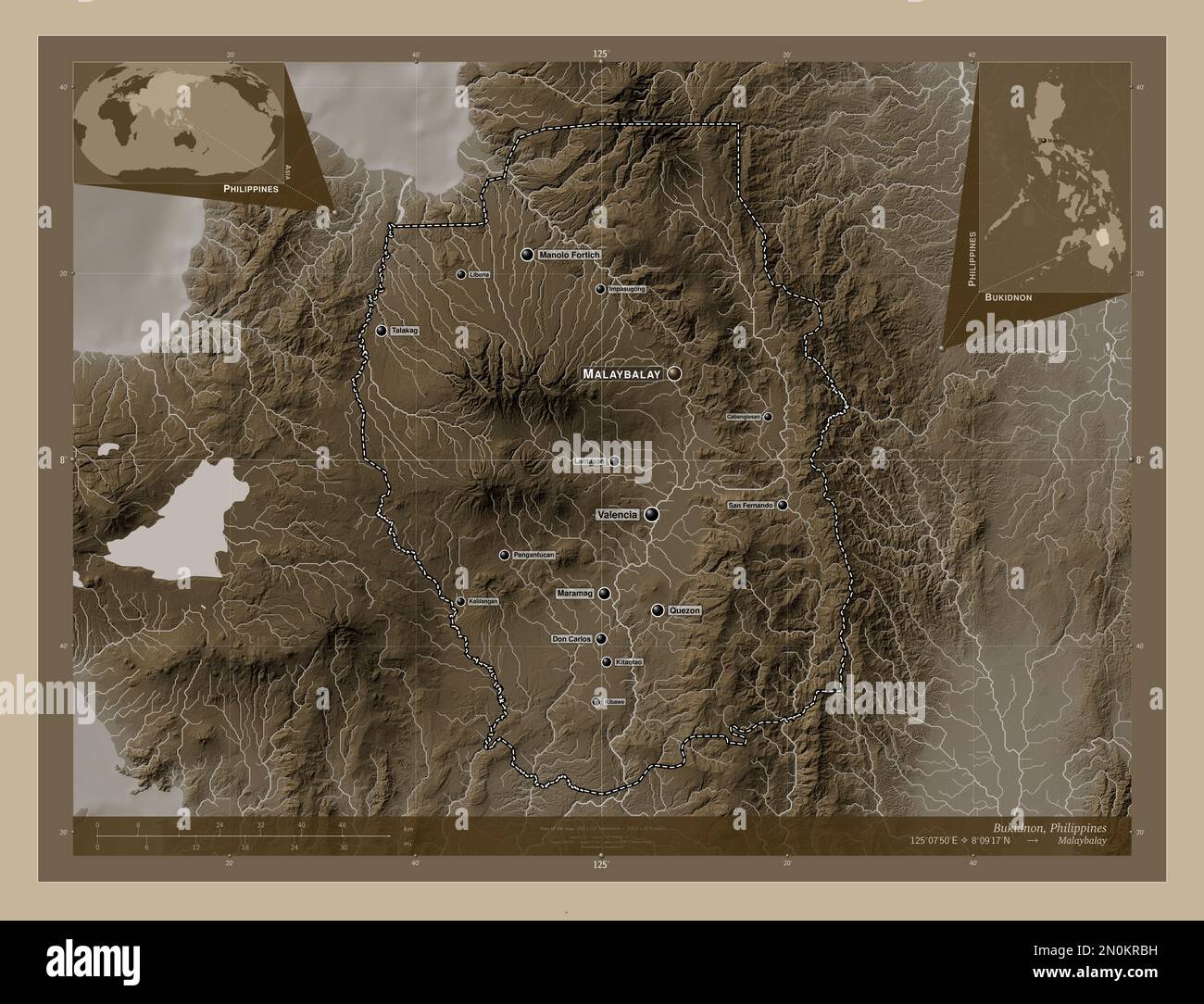 Bukidnon, province of Philippines. Elevation map colored in sepia tones with lakes and rivers. Locations and names of major cities of the region. Corn Stock Photo