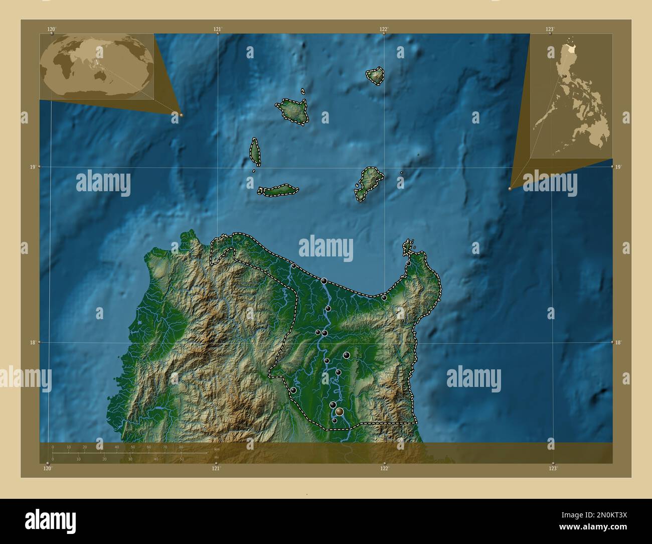 Cagayan, province of Philippines. Colored elevation map with lakes and rivers. Locations of major cities of the region. Corner auxiliary location maps Stock Photo