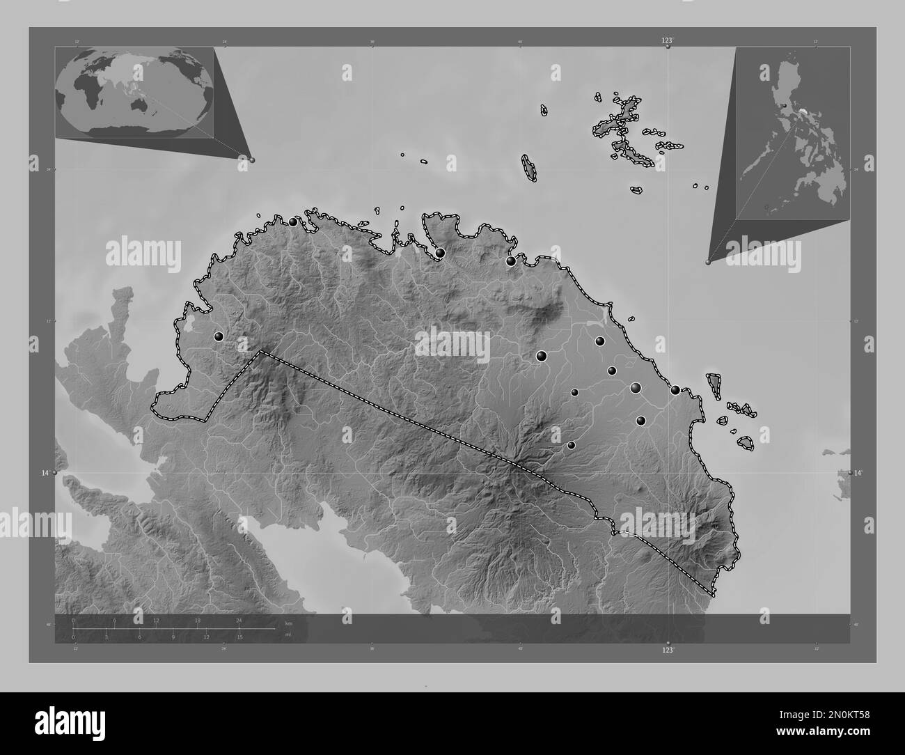 Camarines Norte, province of Philippines. Grayscale elevation map with lakes and rivers. Locations of major cities of the region. Corner auxiliary loc Stock Photo