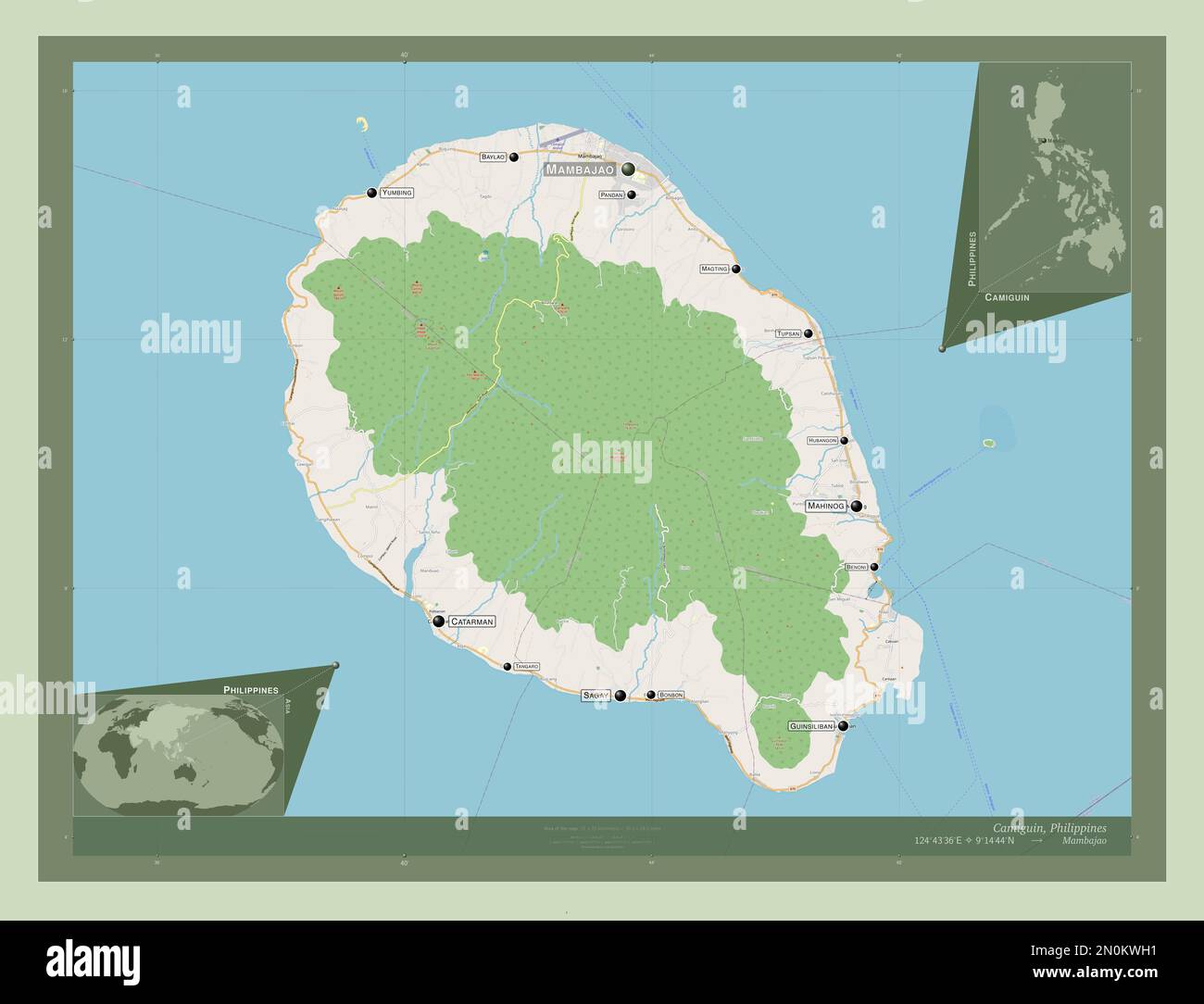 Camiguin, province of Philippines. Open Street Map. Locations and names of major cities of the region. Corner auxiliary location maps Stock Photo