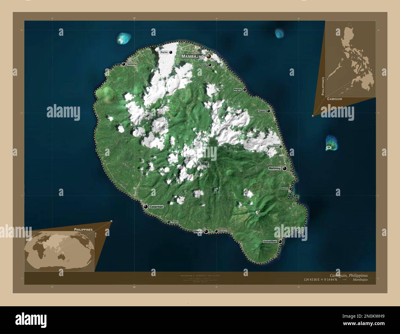 Camiguin, province of Philippines. Low resolution satellite map. Locations and names of major cities of the region. Corner auxiliary location maps Stock Photo