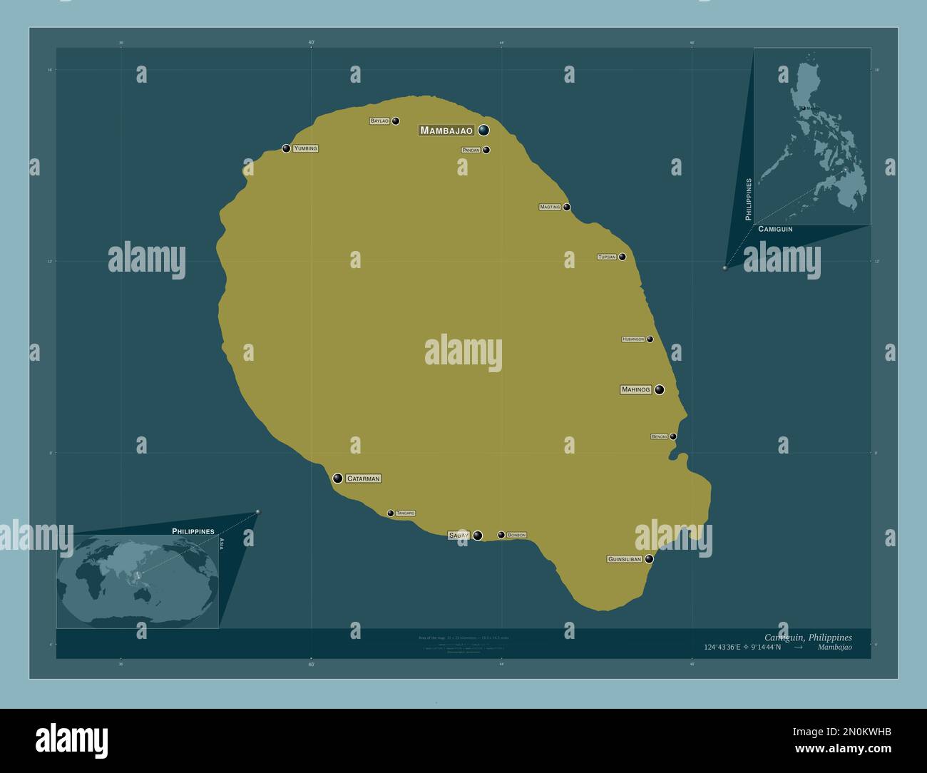 Camiguin, province of Philippines. Solid color shape. Locations and names of major cities of the region. Corner auxiliary location maps Stock Photo