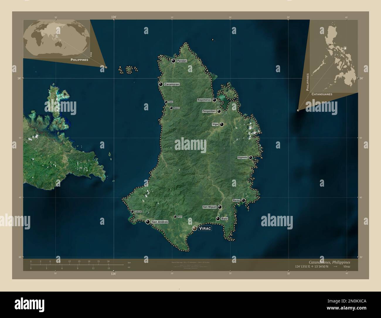 Catanduanes, province of Philippines. High resolution satellite map. Locations and names of