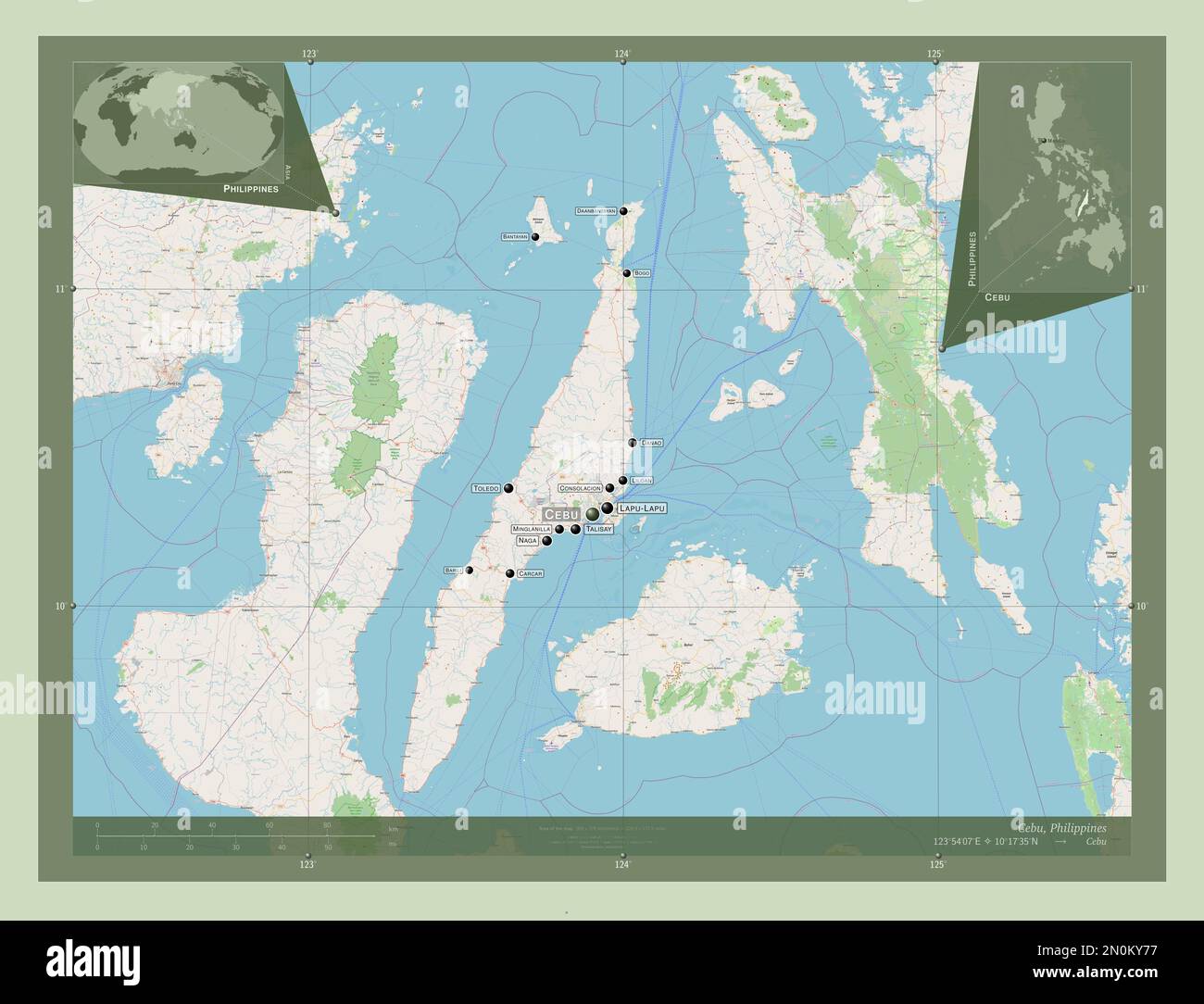 Cebu, province of Philippines. Open Street Map. Locations and names of
