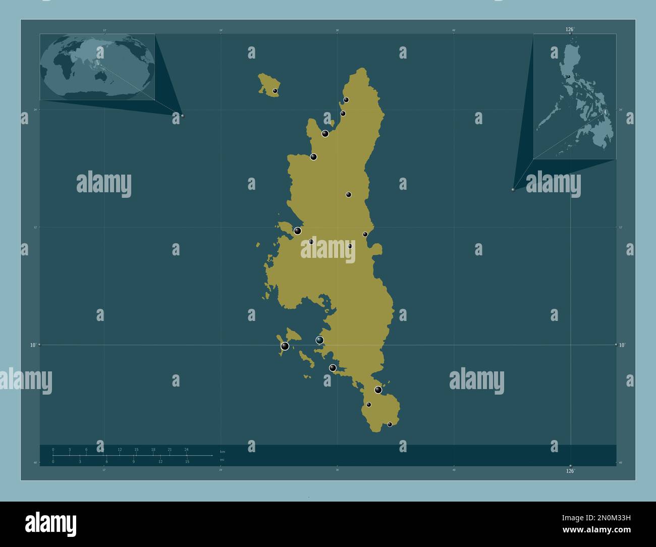 Dinagat Islands, province of Philippines. Solid color shape. Locations of major cities of the region. Corner auxiliary location maps Stock Photo