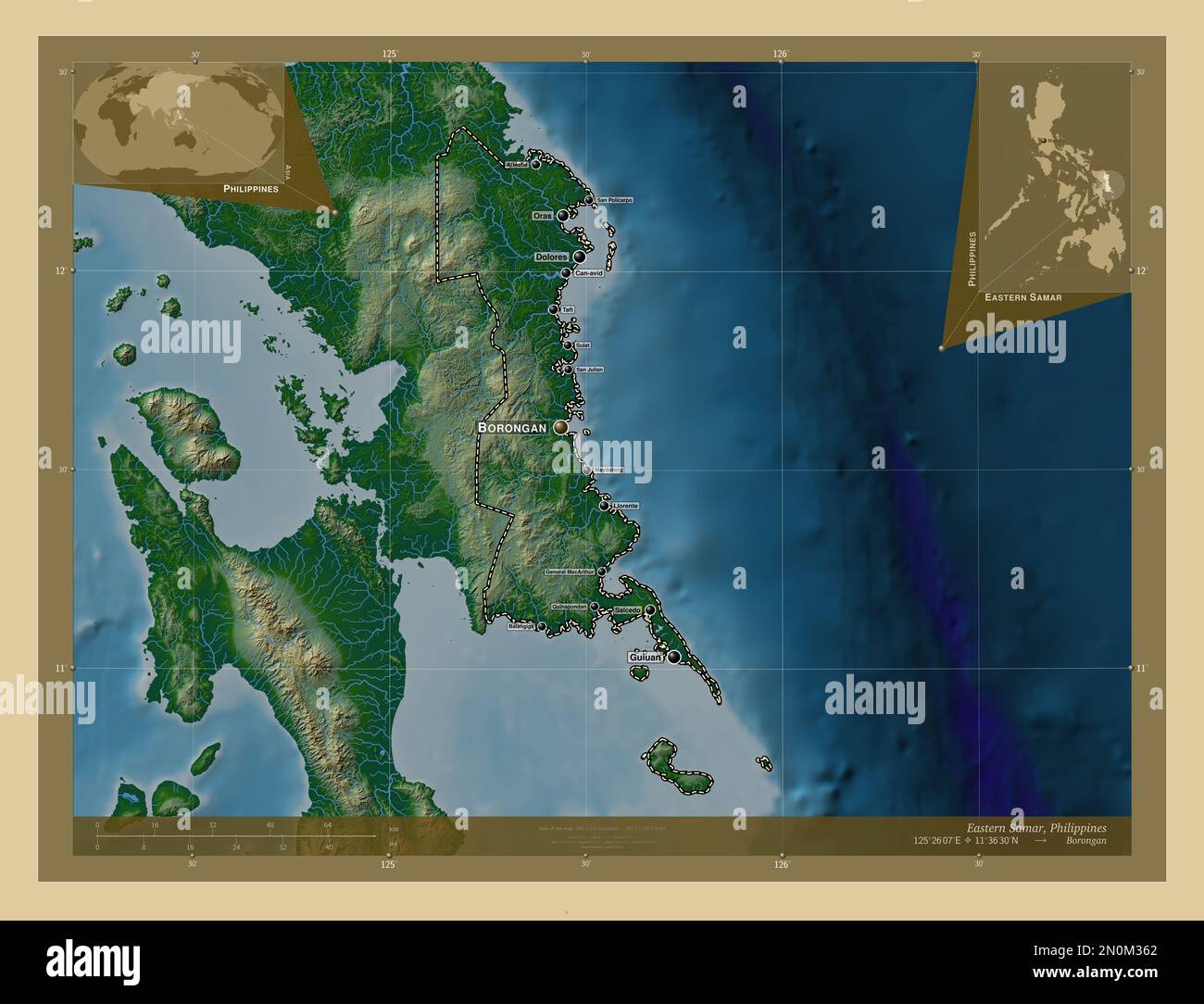 Eastern Samar, province of Philippines. Colored elevation map with