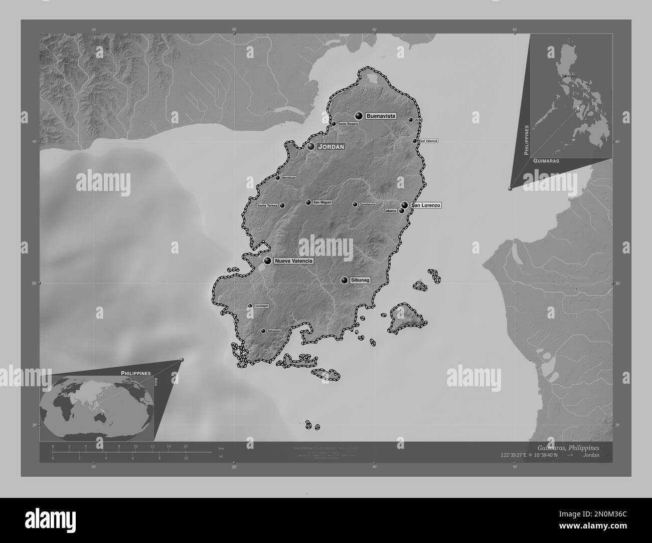 Guimaras, province of Philippines. Grayscale elevation map with lakes and rivers. Locations and names of major cities of the region. Corner auxiliary Stock Photo