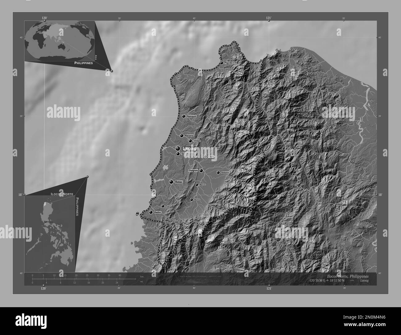 Ilocos Norte, province of Philippines. Bilevel elevation map with lakes