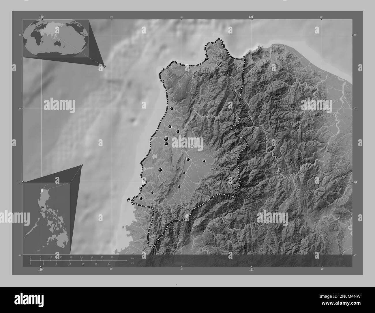 Ilocos Norte, province of Philippines. Grayscale elevation map with