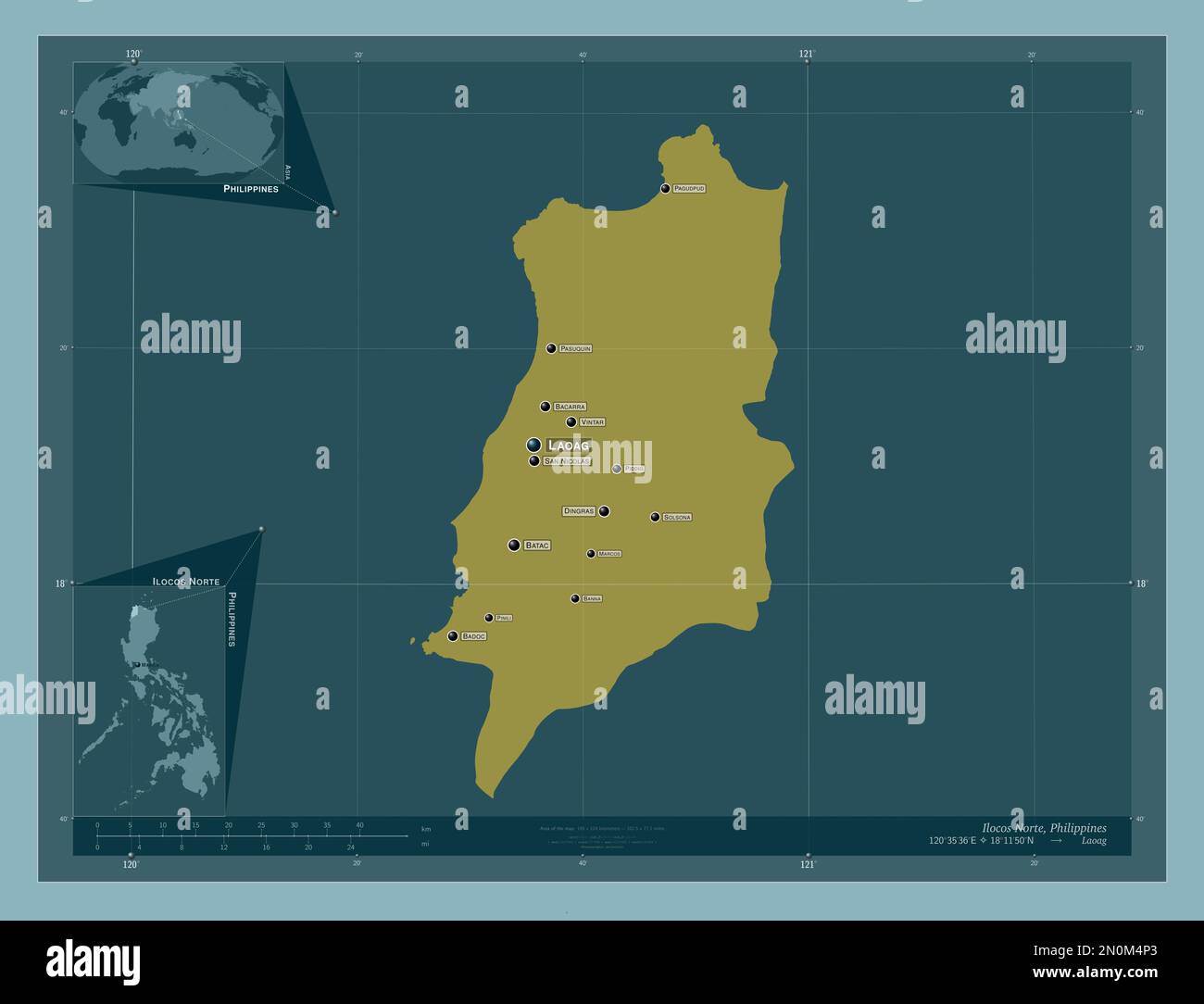 Ilocos Norte, province of Philippines. Solid color shape. Locations and