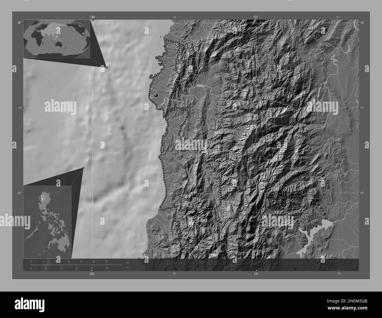 Ilocos Sur, province of Philippines. Bilevel elevation map with lakes