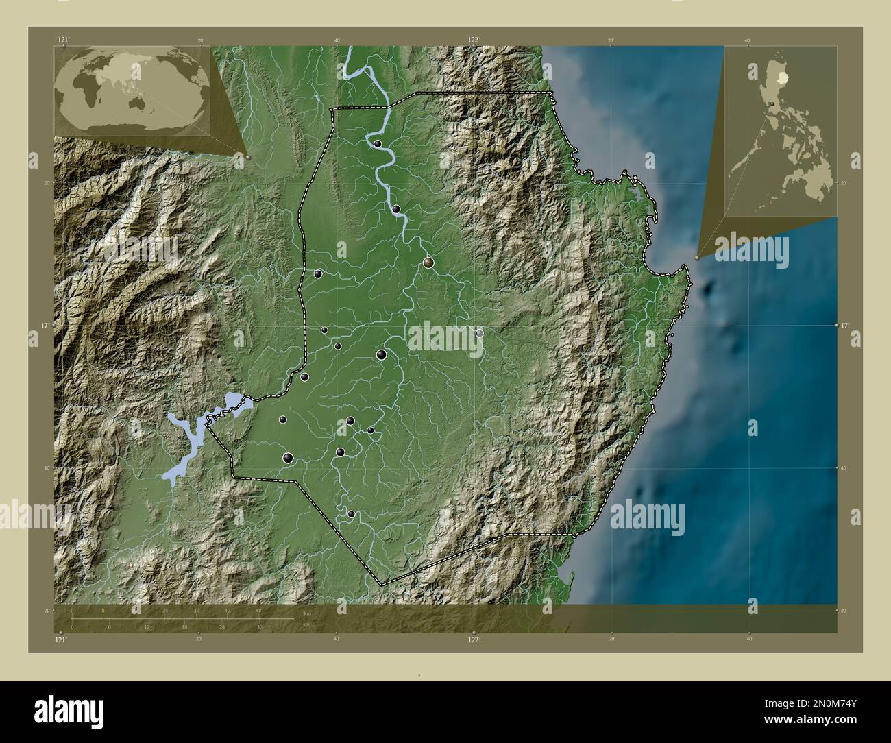 Isabela, province of Philippines. Elevation map colored in wiki style with lakes and rivers. Locations of major cities of the region. Corner auxiliary Stock Photo