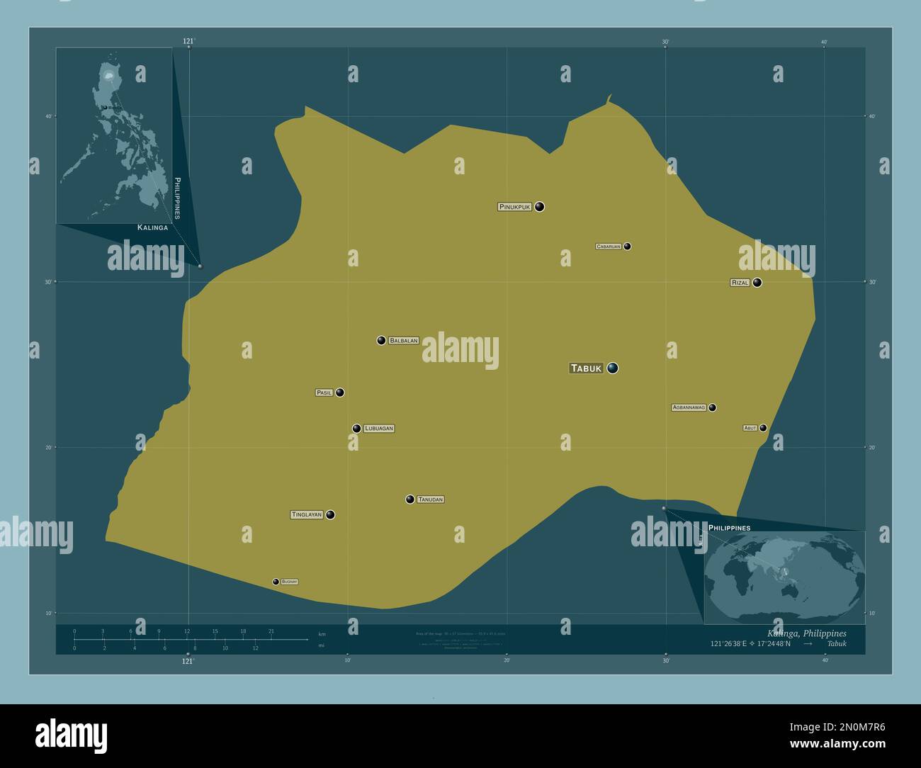 Kalinga, province of Philippines. Solid color shape. Locations and names of major cities of the region. Corner auxiliary location maps Stock Photo